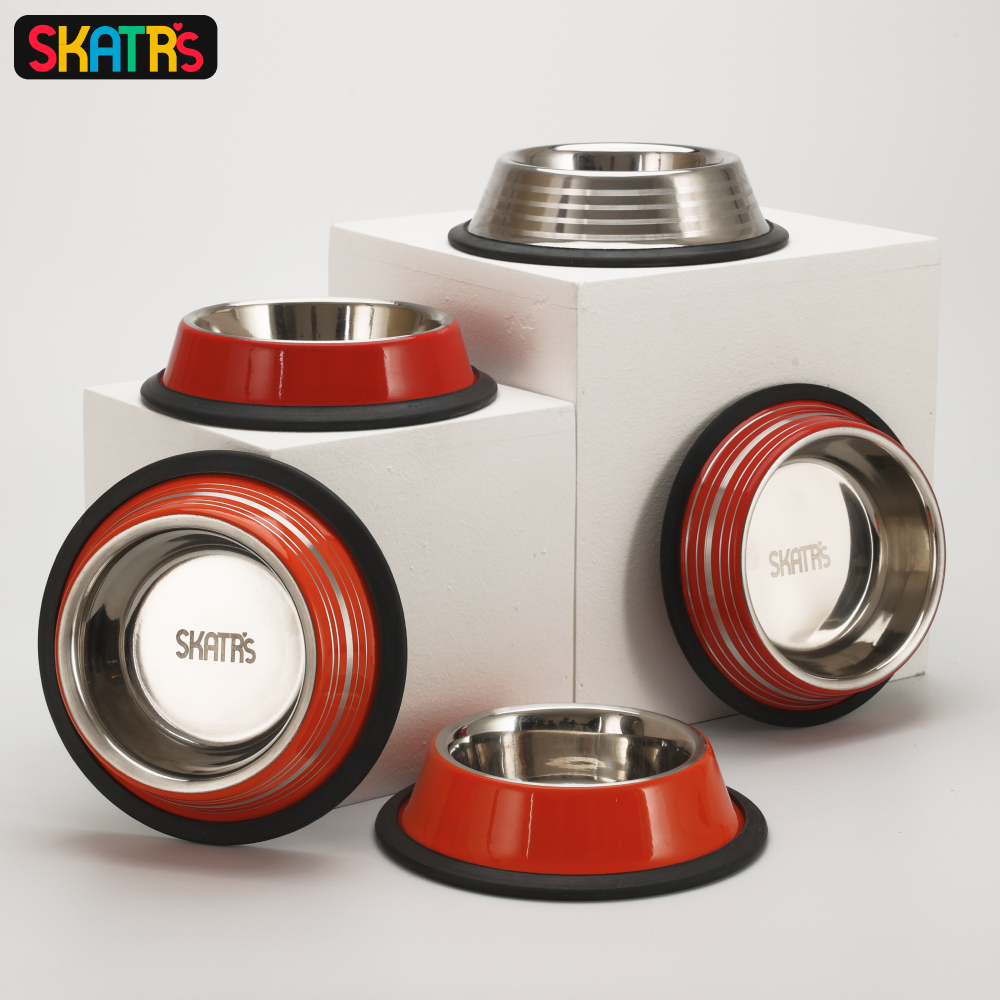 Skatrs Anti Skid Glossy Striped Bowl for Dogs and Cats (Orange) Both-Bowls & Feeders Skatrs