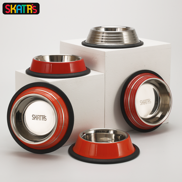 Skatrs Anti Skid Stainless Steel Striped Bowl and Stainless Steel Striped Bowl for Dogs and Cats Combo