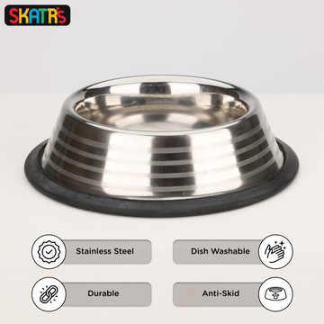 Skatrs Anti Skid Stainless Steel Striped Bowl and Stainless Steel Striped Bowl for Dogs and Cats Combo