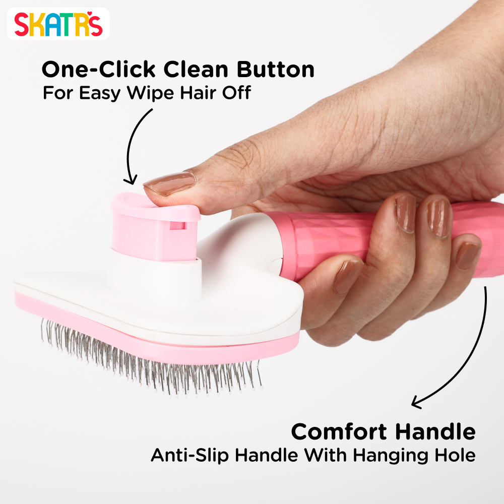 Skatrs Self Clean Slicker Brush with Metal Bristles for Dogs and Cats (Pink) Both-Grooming Supplies Skatrs