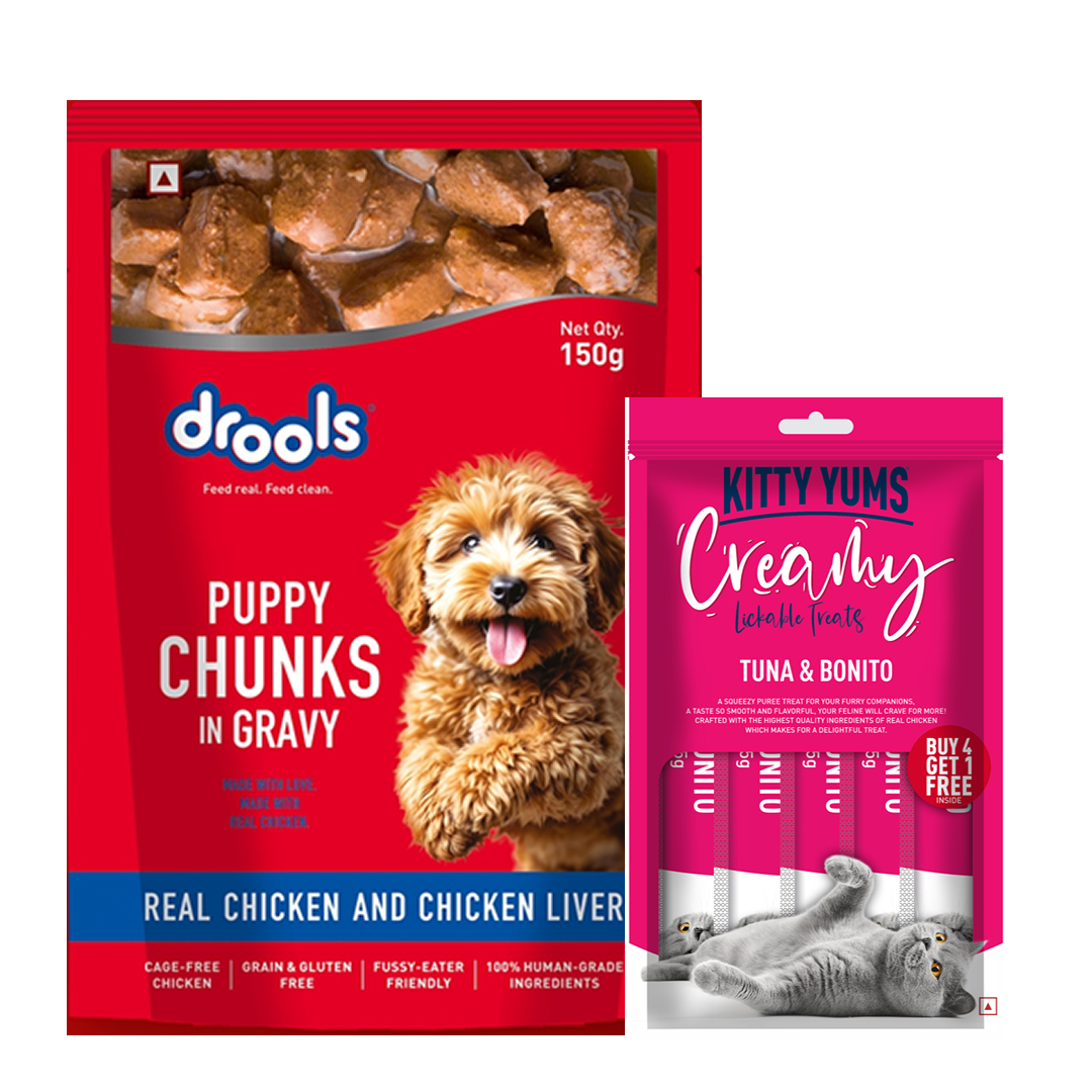 Drools Real Chicken & Chicken Liver Chunks in Gravy Puppy Dog Wet Food Dogs-Wet Food Drools 90x150g+75g(Treat Free)