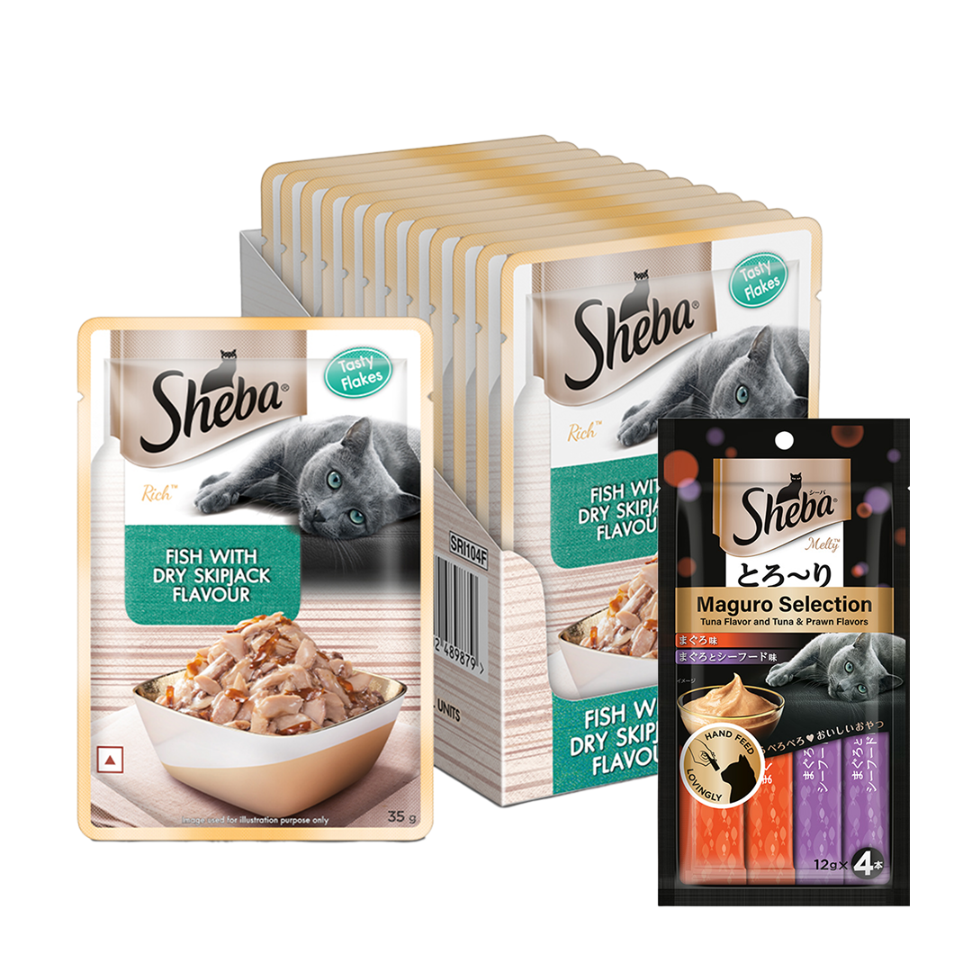 Sheba Fish with Dry Skipjack Premium Cat Wet Food Cats-Wet Food Sheba 96x35g+48g Treat Free