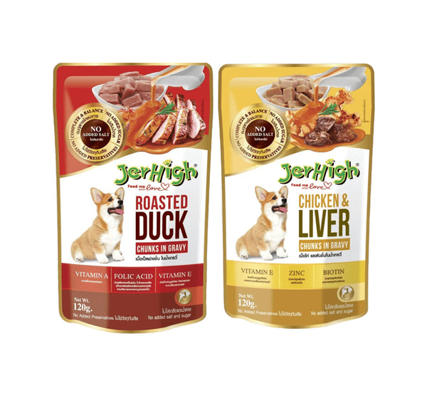 JerHigh Roasted Duck in Gravy and Chicken And Liver in Gravy Dog Wet Food Combo