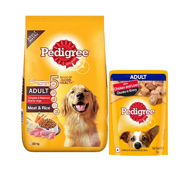 Pedigree Meat & Rice Dry and Chicken and Liver Chunks in Gravy Wet Adult Dog Food Combo