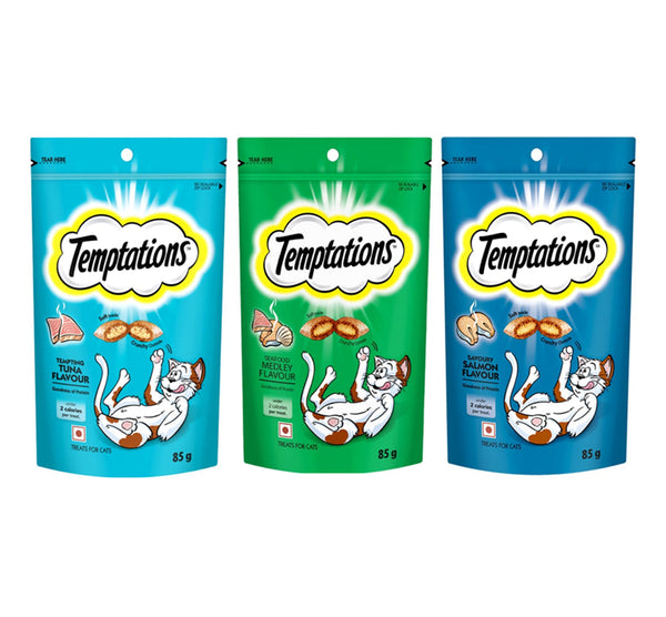 Temptations Savoury Salmon, Seafood Medley and Tempting Tuna Flavour Cat Treats Combo