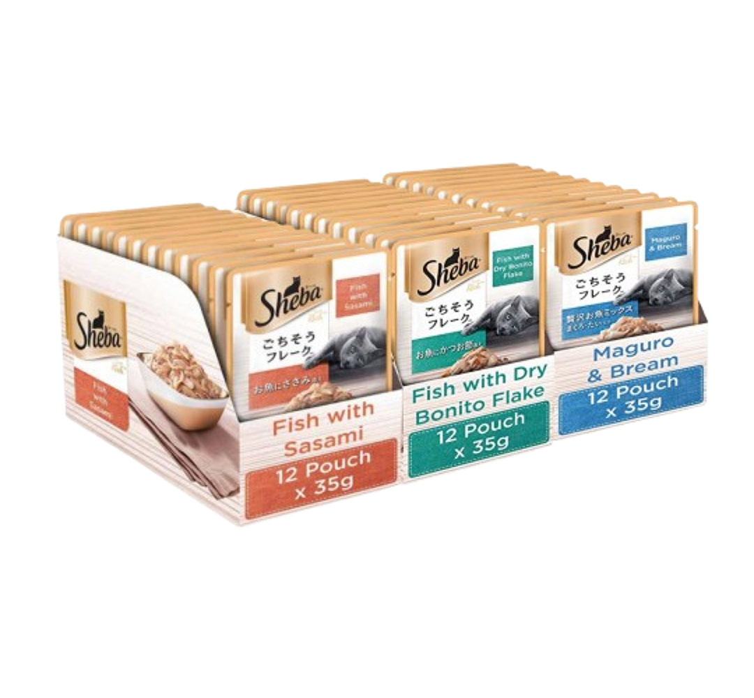 Sheba Fish with Sasami, Dry Bonito Flake and Maguro & Bream Fish Mix Premium Cat Wet Food Combo Cats-Wet Food Sheba 72x35g