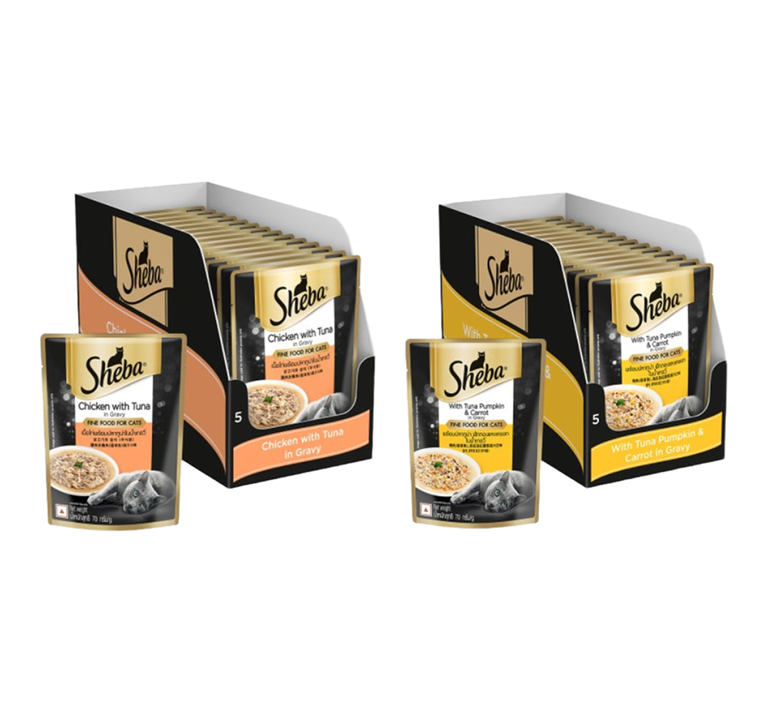 Sheba Tuna Pumpkin & Carrot In Gravy and Chicken With Tuna In Gravy Rich Premium Adult Fine Cat Wet Food Combo Cats-Wet Food Sheba 28x70g