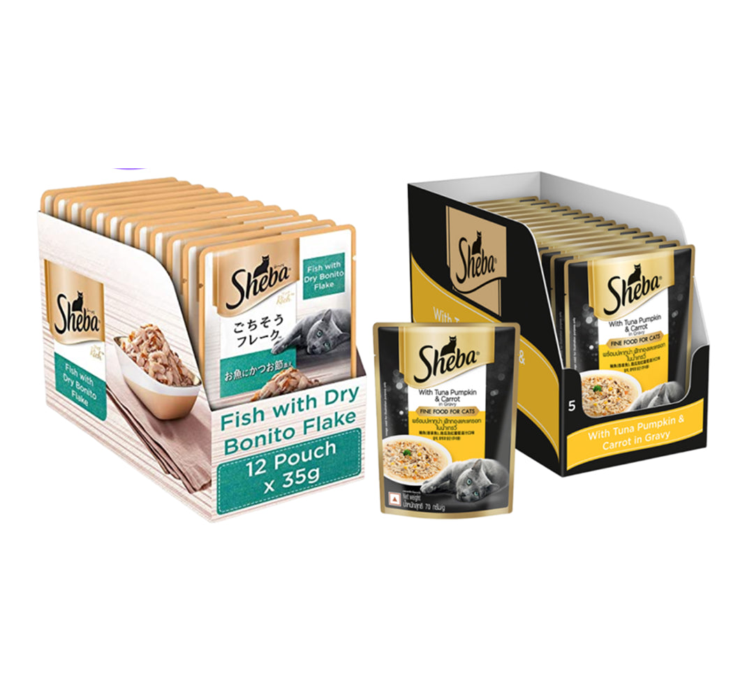 Sheba Fish with Dry Bonito Flake and Tuna Pumpkin & Carrot In Gravy Rich Premium Adult Fine Cat Wet Food Combo Cats-Wet Food Sheba 12x35g + 14x70g