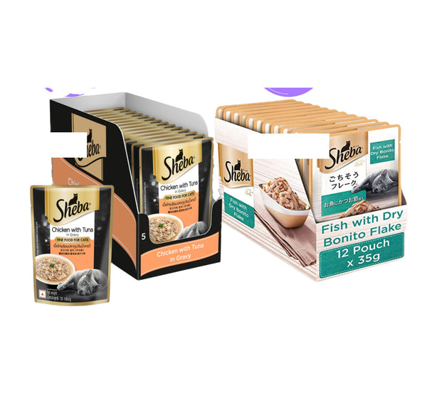 Sheba Chicken With Tuna In Gravy and Fish with Dry Bonito Flake Premium Cat Wet Food Combo