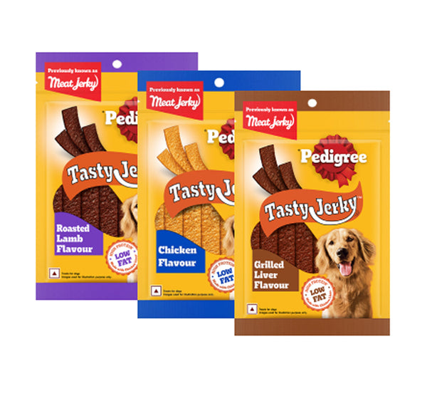 Pedigree Chicken & Liver, Grilled Liver and Roasted Lamb Flavour Tasty Jerky Dog Treat Combo
