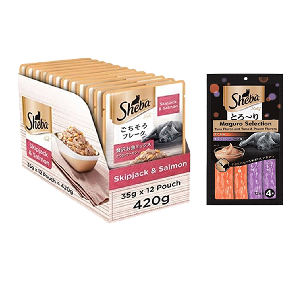 Sheba Tuna Flavor and Tuna & Prawn Maguro Selection Melty Premium Treat and Skipjack & Salmon Fish Mix Cat Wet Food Combo Cats-Treats & Others Sheba 48g(4pcs)+12x35g