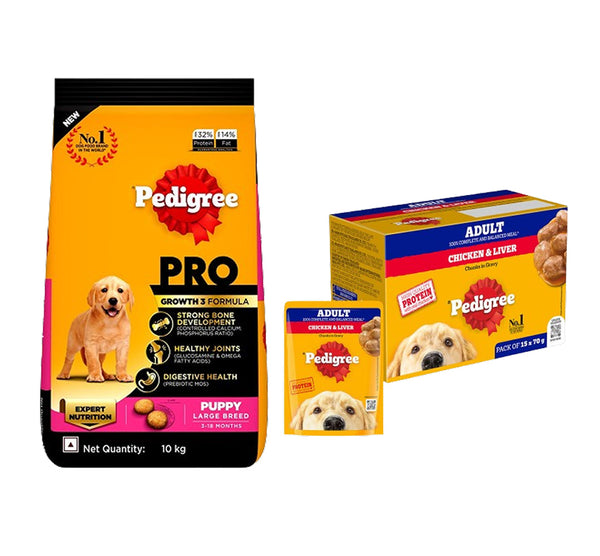 Pedigree PRO Large Breed Puppy Dry Food, Pedigree Chicken Liver Gravy Adult Dog Wet Food Combo