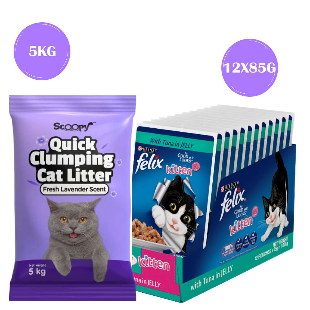 Purina Felix Tuna with Jelly Complete and Balanced Kitten Wet Food Cats-Wet Food Felix 12x85g+5kg Scoopy Litter