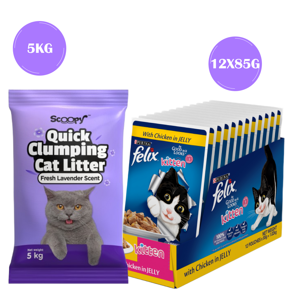 Purina Felix Chicken with Jelly Complete and Balanced Kitten Cat Wet Food Cats-Wet Food Felix 12x85g+5kg Scoopy Litter