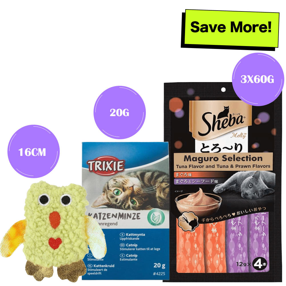 Sheba Tuna & Prawn Maguro Selection Melty Premium Treats, Basil Cotton Plush Cat Toy with Catnip and Trixie Premium Catnip for Cats Combo Exclusive Combo Exclusive Combo Pack of 3