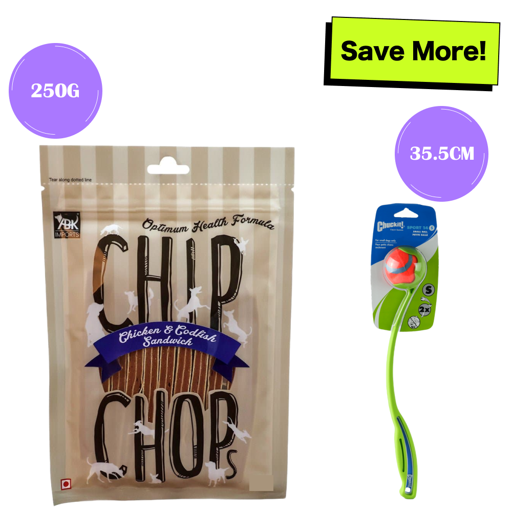 Chip Chops Chicken & Codfish Sandwich Treats & Chuckit! Sport 14 S Ball Launcher Toy Combo for Dogs Exclusive Combo Exclusive Combo Pack of 2