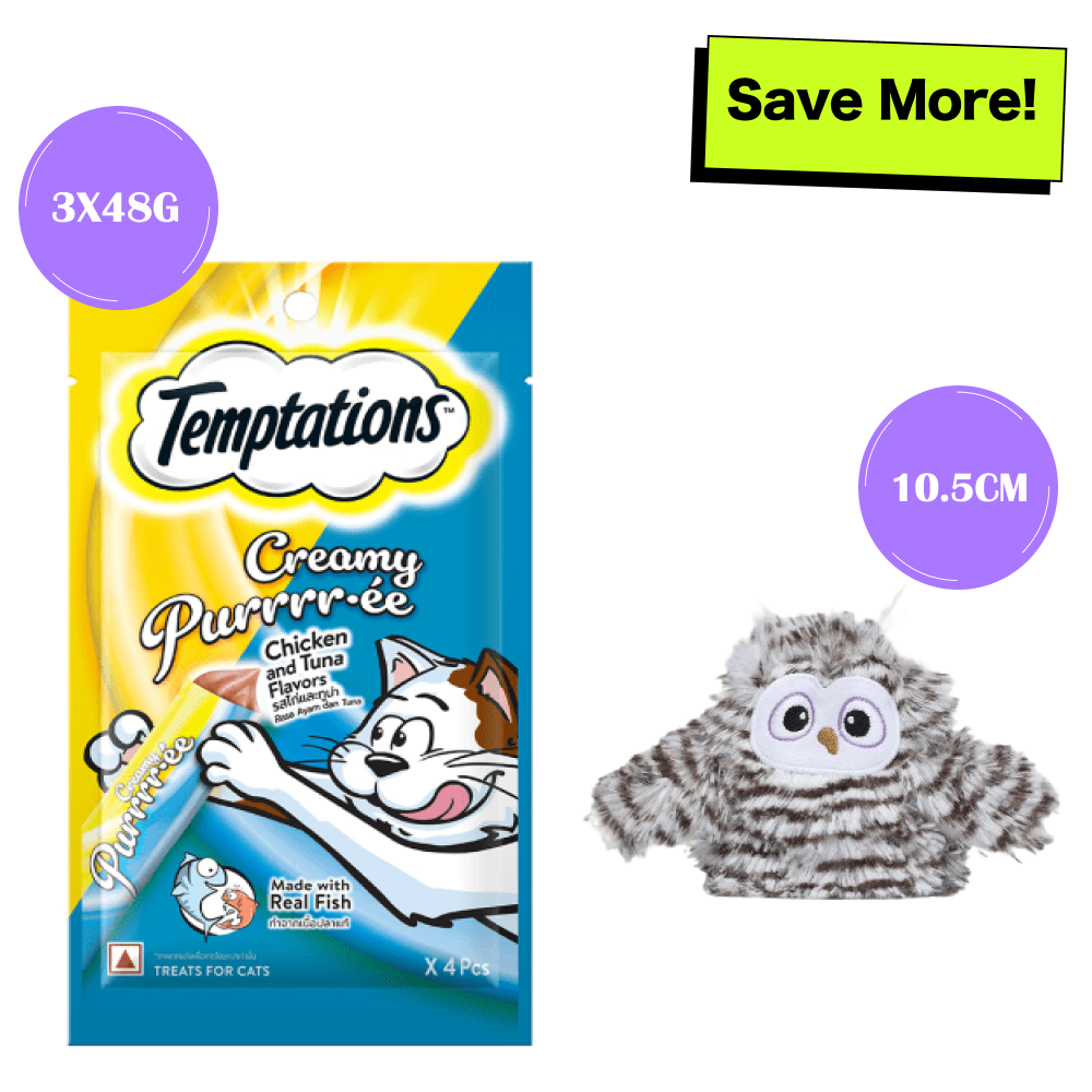 Temptations Creamy Purrrr ee Chicken & Tuna Treats and Fofos Flapping Owl Chirping Interactive Toy for Cats Combo Exclusive Combo Exclusive Combo Pack of 2