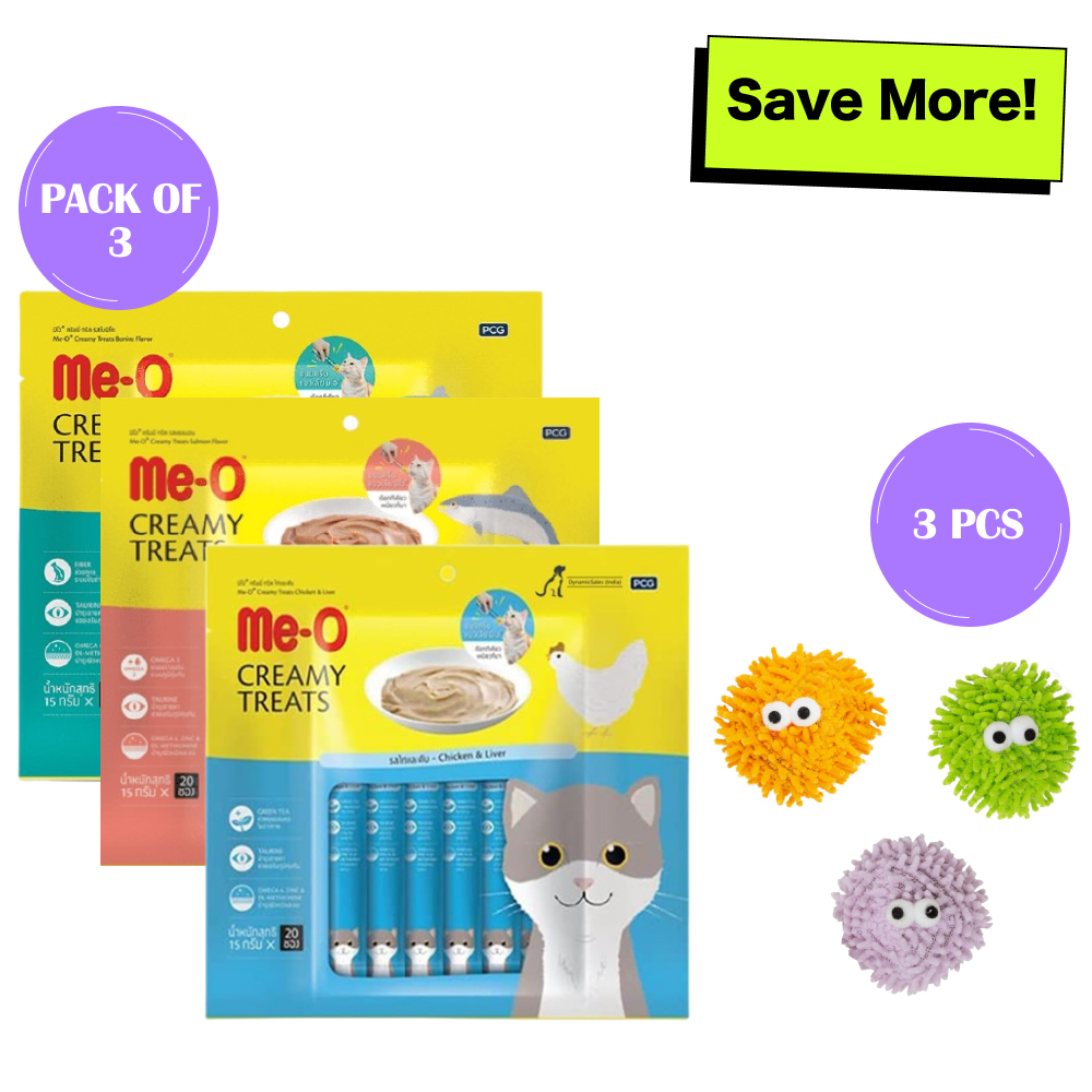 Me O Creamy Chicken & Liver, Salmon and Bonito Treats and Fofos Geek Ball Toy for Cats Combo Exclusive Combo Exclusive Combo Pack of 4