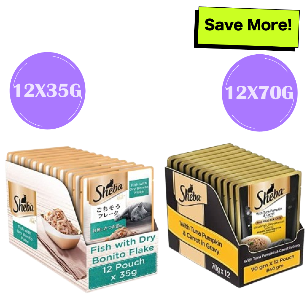 Sheba Fish with Dry Bonito Flake and Tuna Pumpkin & Carrot In Gravy Rich Premium Adult Fine Cat Wet Food Combo Cats-Wet Food Sheba 12x35g + 12x70g