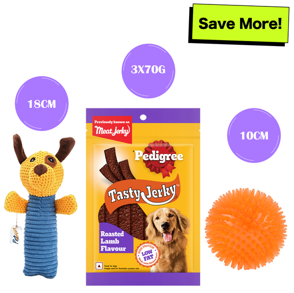 Pedigree Roasted Lamb Tasty Jerky Treat, Pet Vogue Dog-Shaped Plush Toy, & Trixie Hedgehog Ball Vinyl Toy Combo for Dogs