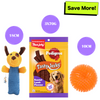 Pedigree Roasted Lamb Tasty Jerky Treat, Pet Vogue Dog-Shaped Plush Toy, & Trixie Hedgehog Ball Vinyl Toy Combo for Dogs