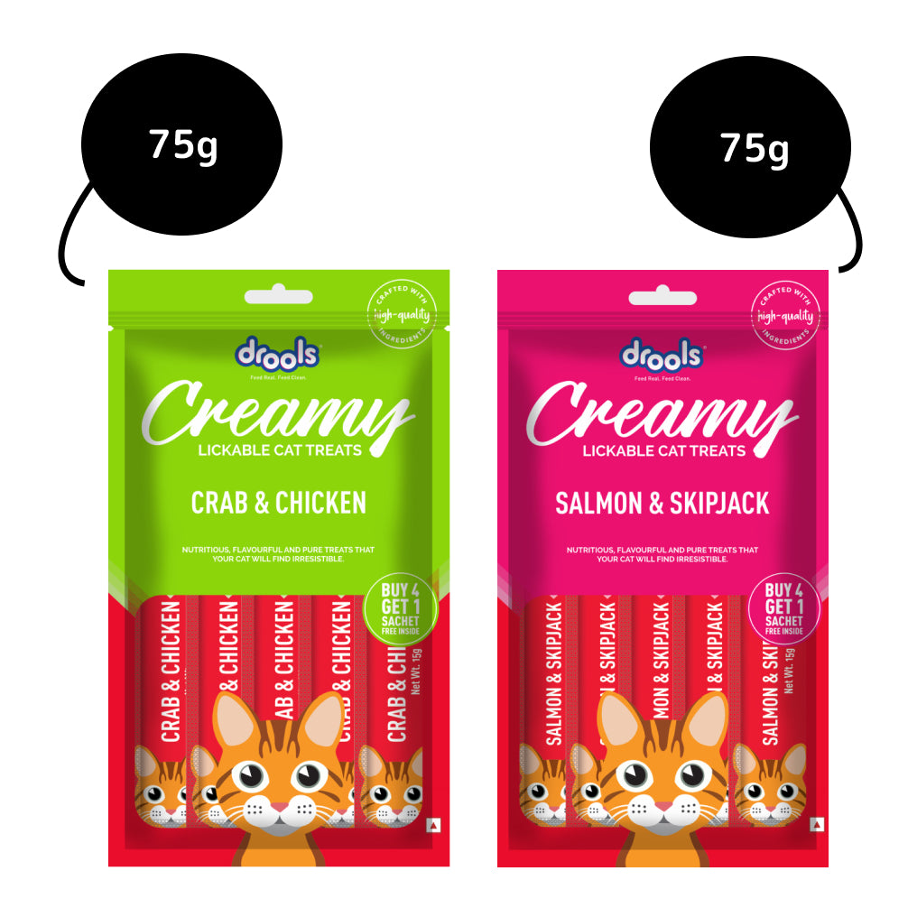 Drools Salmon & Skipjack and Crab & Chicken Creamy Cat Treats Combo Cats-Treats & Others Drools 2x75g (10pcs)