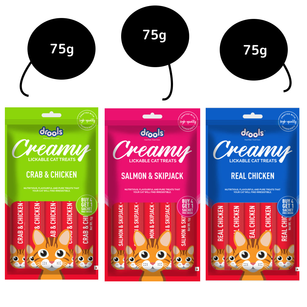 Drools Crab & Chicken, Real Chicken and Salmon & Skipjack Cat Treats Combo Cats-Treats & Others Drools 3x75g (15pcs)