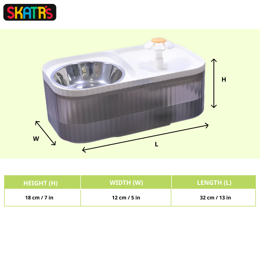 SKATRS Water Fountain with Food Bowl & Adapter for Dogs and Cats (Grey/White)