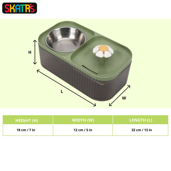 Skatrs Water Fountain with Food Bowl & Adapter for Dogs and Cats (Green)