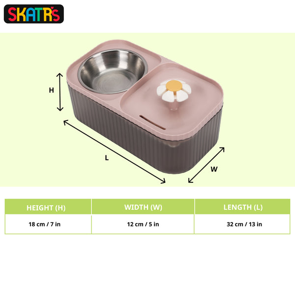 Skatrs Water Fountain with Food Bowl & Adapter for Dogs and Cats (Pink/Grey)