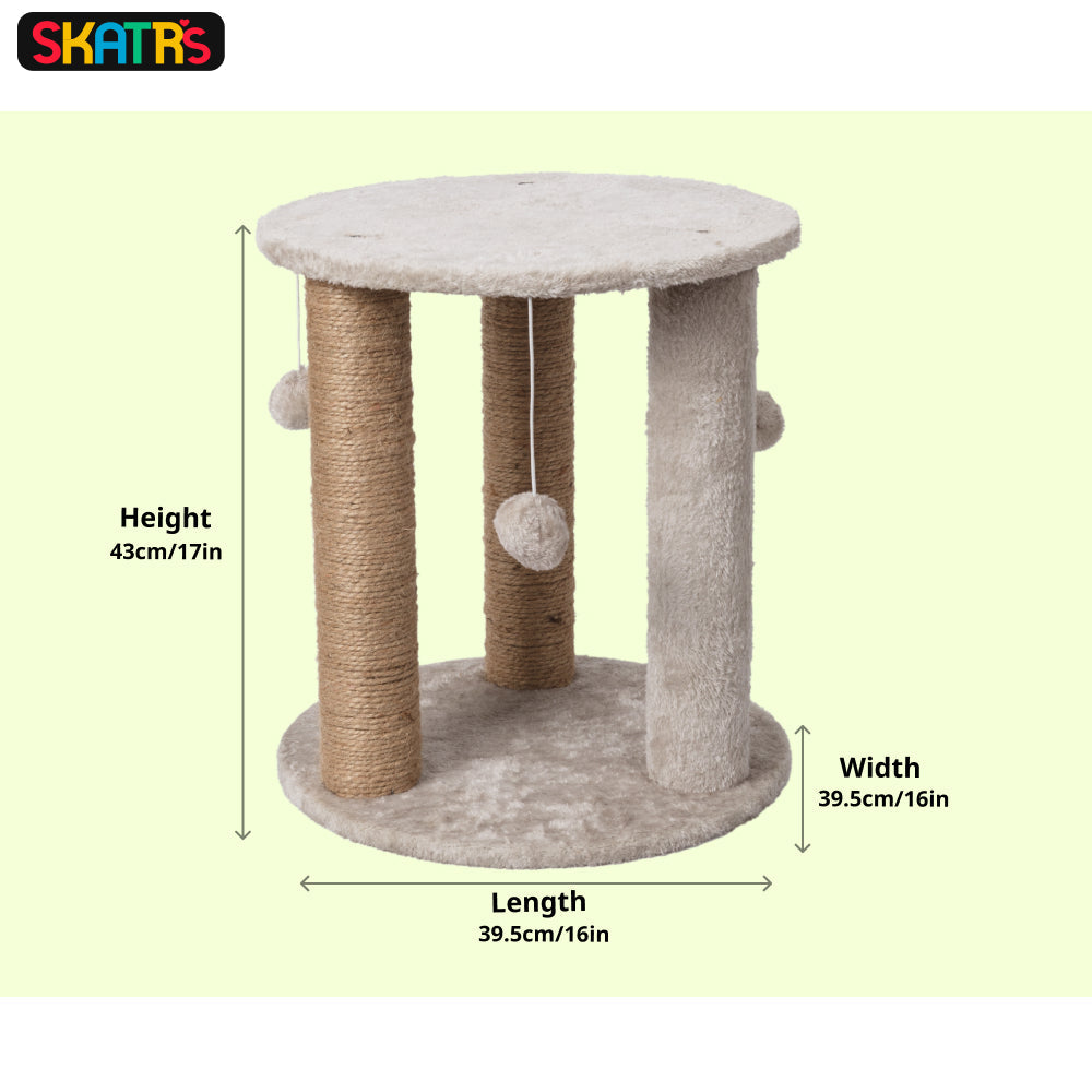 Skatrs Whisker Wonderland Circular Three Scratching Post with Hanging Pom Pom Cat Tree Toy (Grey)