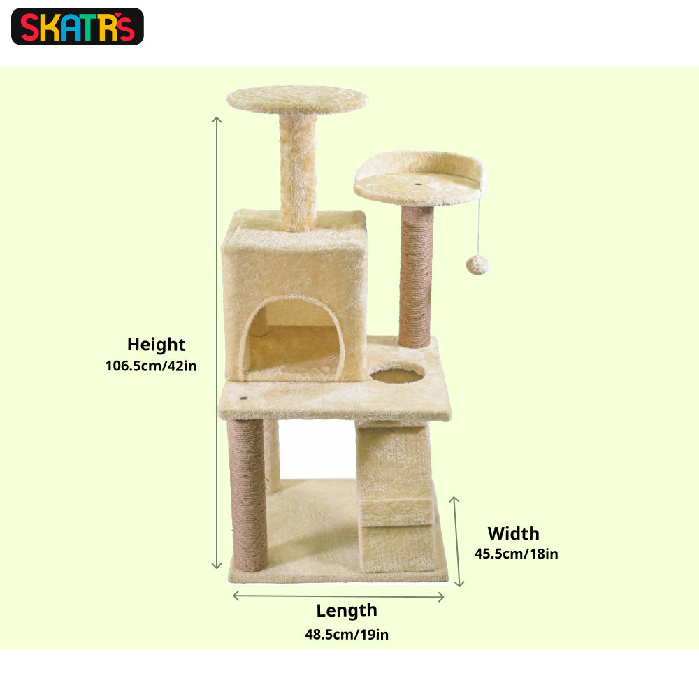 SKATRS Kitty Kastle Multi Level Cat Tree with Condo, Scratching Post, Platform and Ladder Toy (Beige)