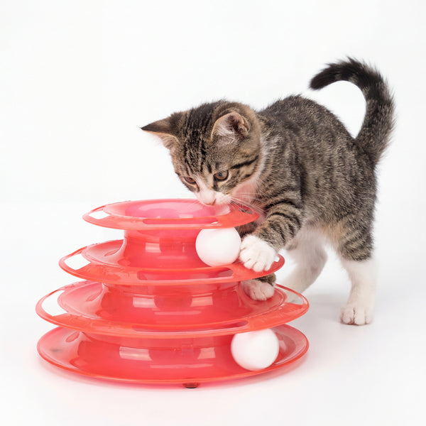 Skatrs Interactive 3 Level Tower Track with Balls Toy for Cats (Red)