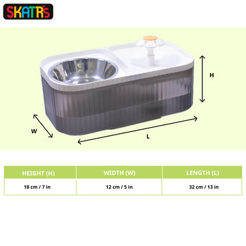 Skatrs Water Fountain with Food Bowl & Adapter for Dogs and Cats (Grey/White)