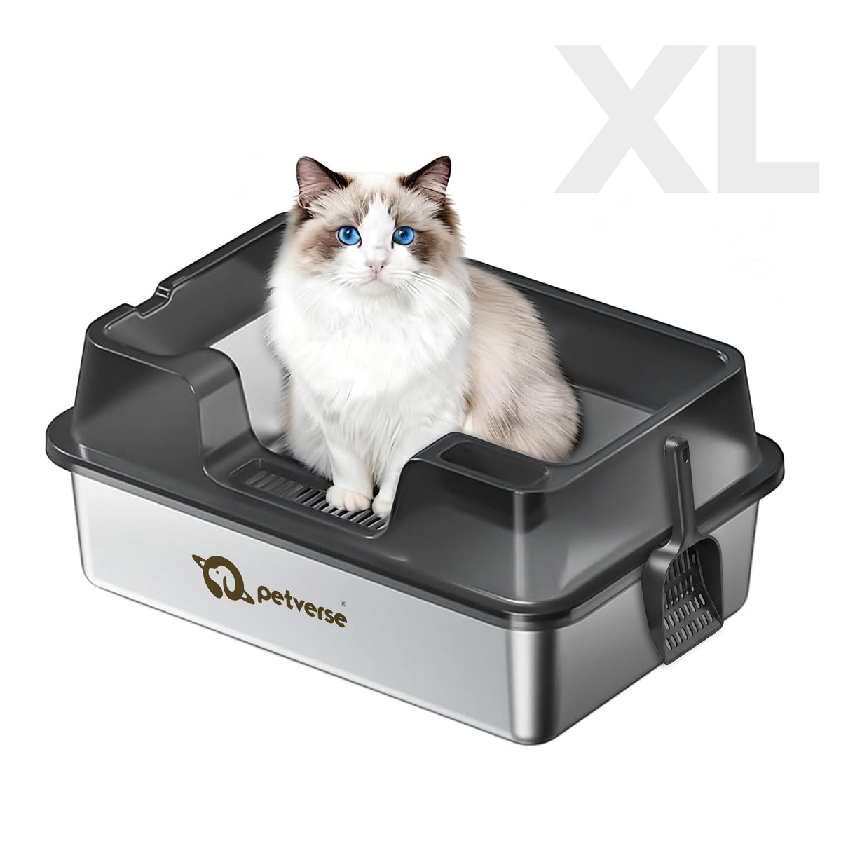 Petverse Stainless Steel High Sides with Centre Opening Litter Box for Cats (Grey) Litter Supplies Petverse Dropship XL:60x40x45cm