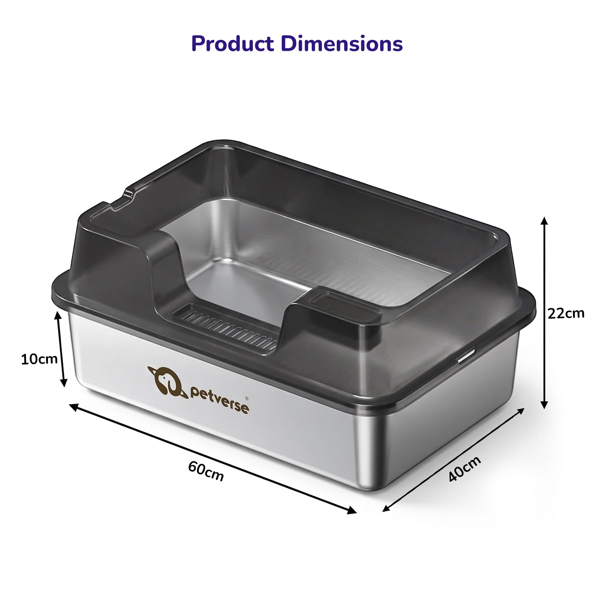 Petverse Stainless Steel High Sides with Centre Opening Litter Box for Cats (Grey) Litter Supplies Petverse Dropship