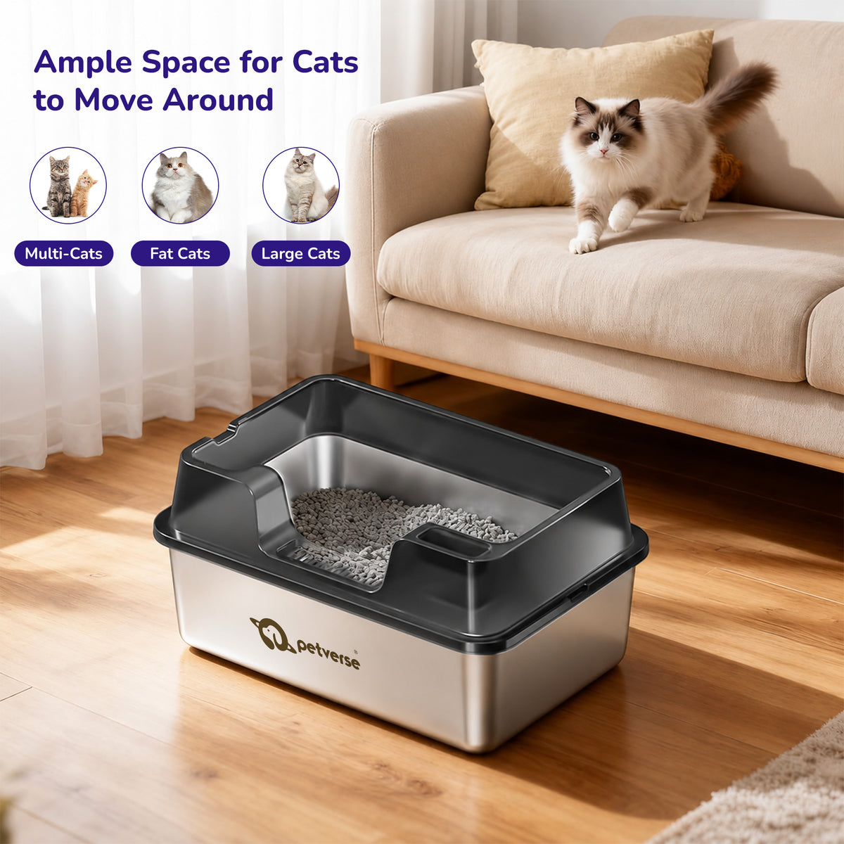 Petverse Stainless Steel High Sides with Centre Opening Litter Box for Cats (Grey) Litter Supplies Petverse Dropship