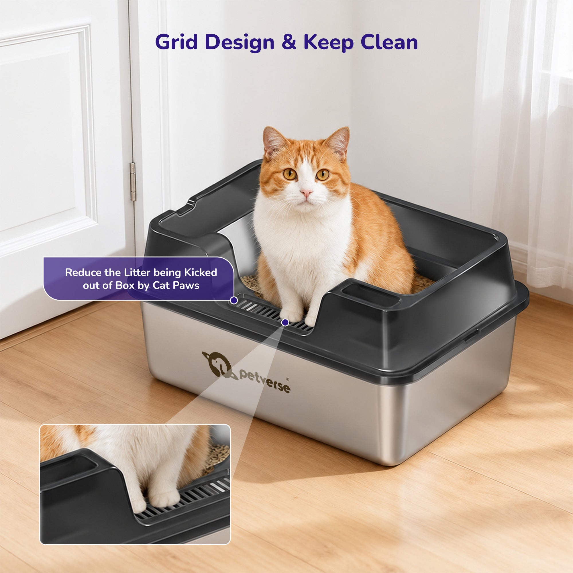 Petverse Stainless Steel High Sides with Centre Opening Litter Box for Cats (Grey) Litter Supplies Petverse Dropship