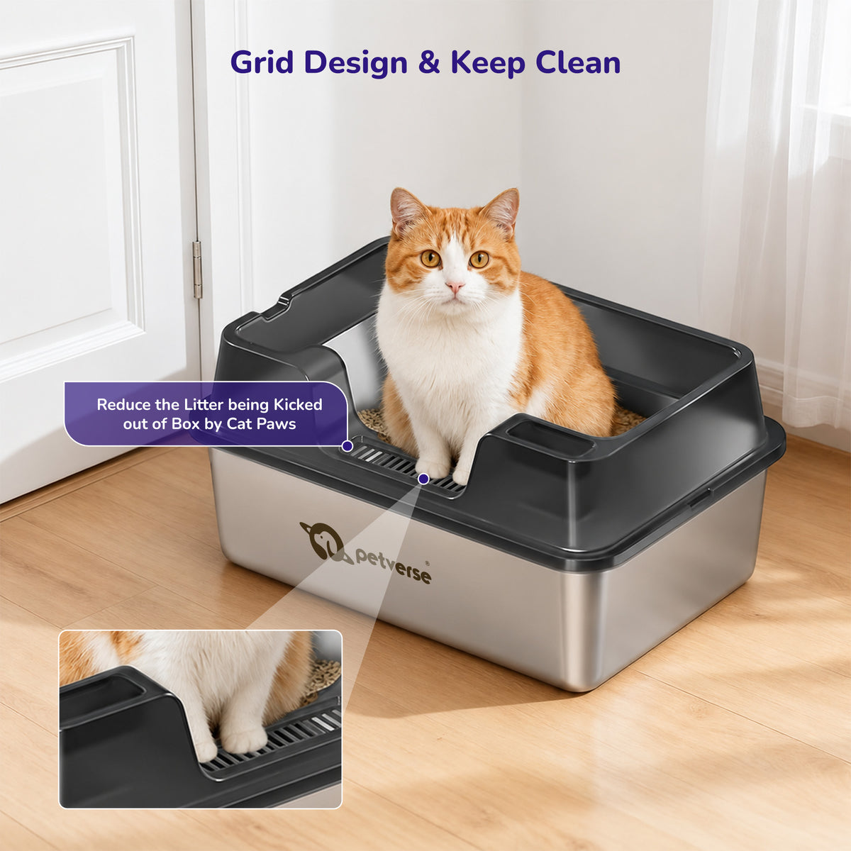 Petverse Stainless Steel High Sides with Centre Opening Litter Box for Cats (Grey) Litter Supplies Petverse Dropship
