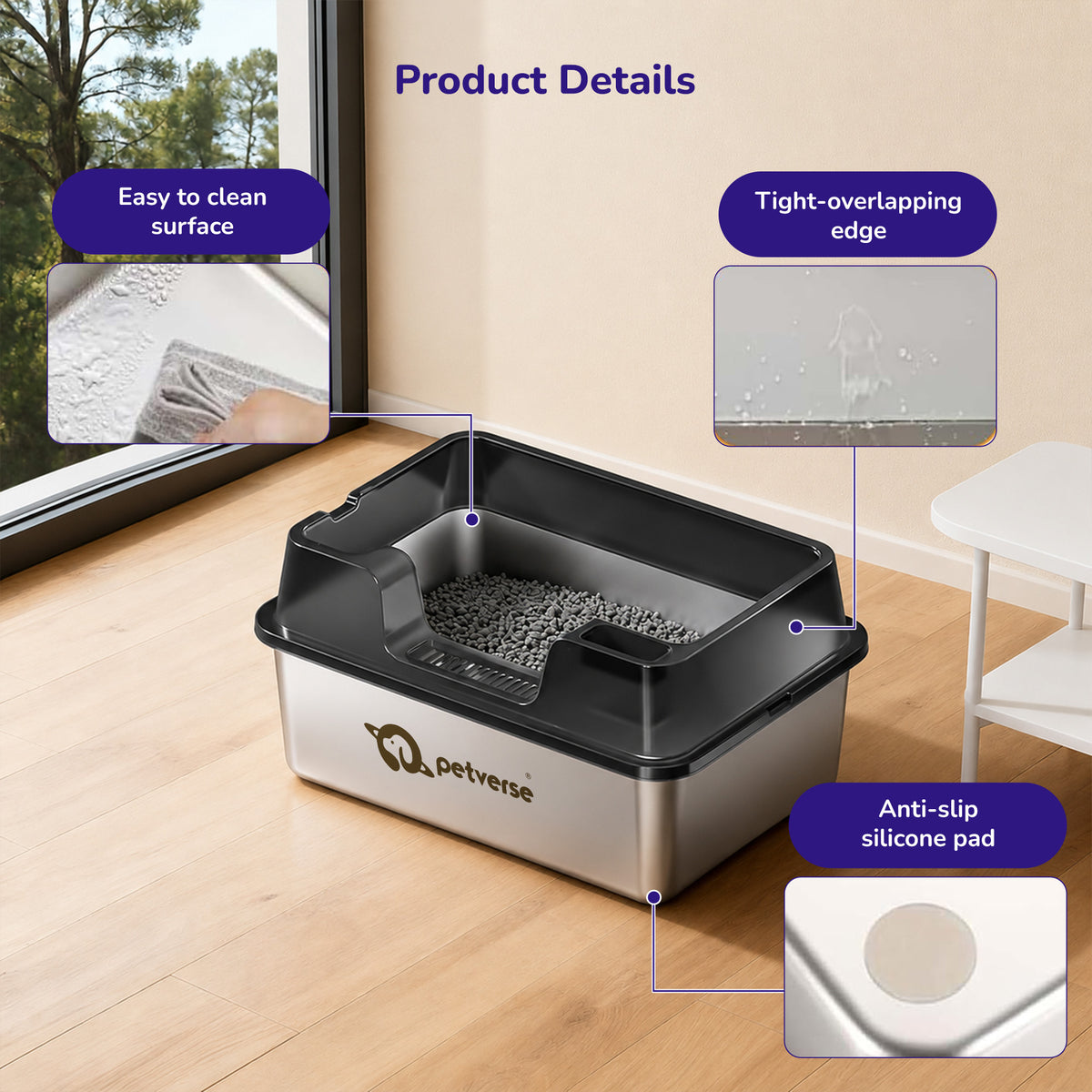 Petverse Stainless Steel High Sides with Centre Opening Litter Box for Cats (Grey) Litter Supplies Petverse Dropship