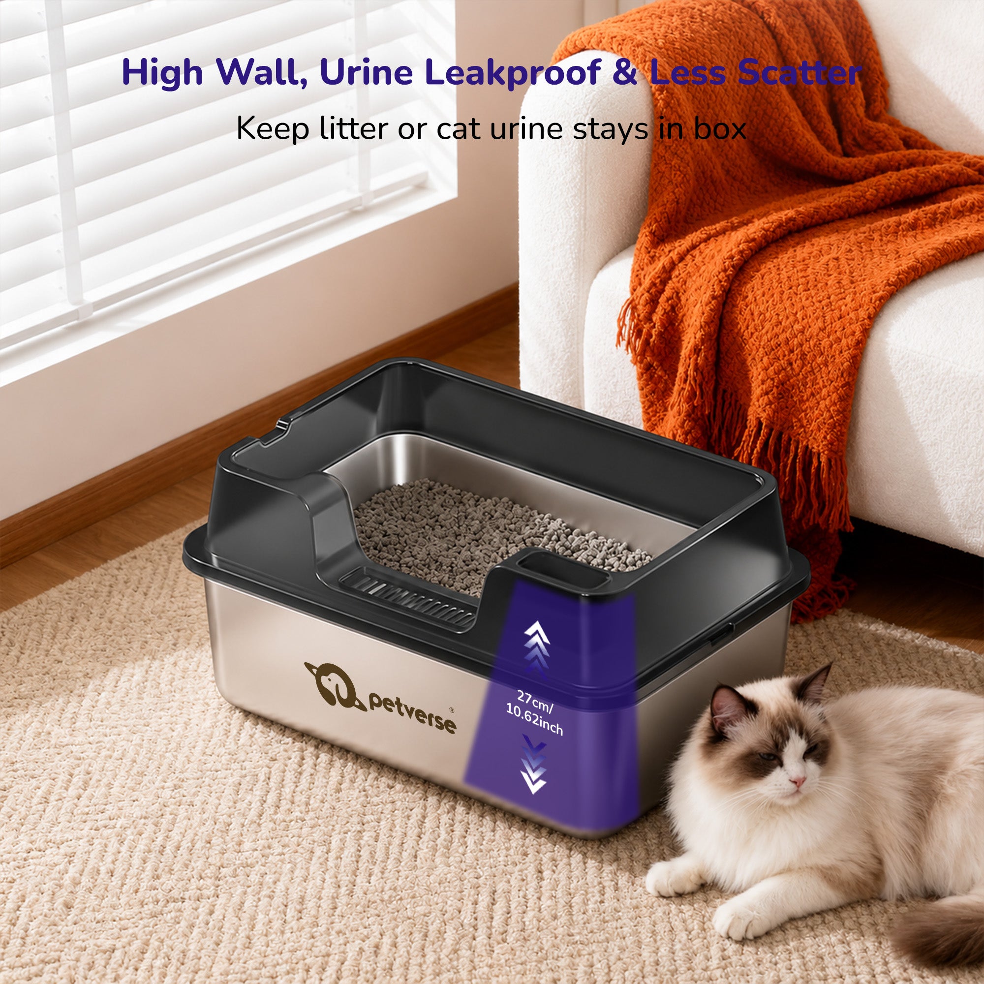 Petverse Stainless Steel High Sides with Centre Opening Litter Box for Cats (Grey) Litter Supplies Petverse Dropship