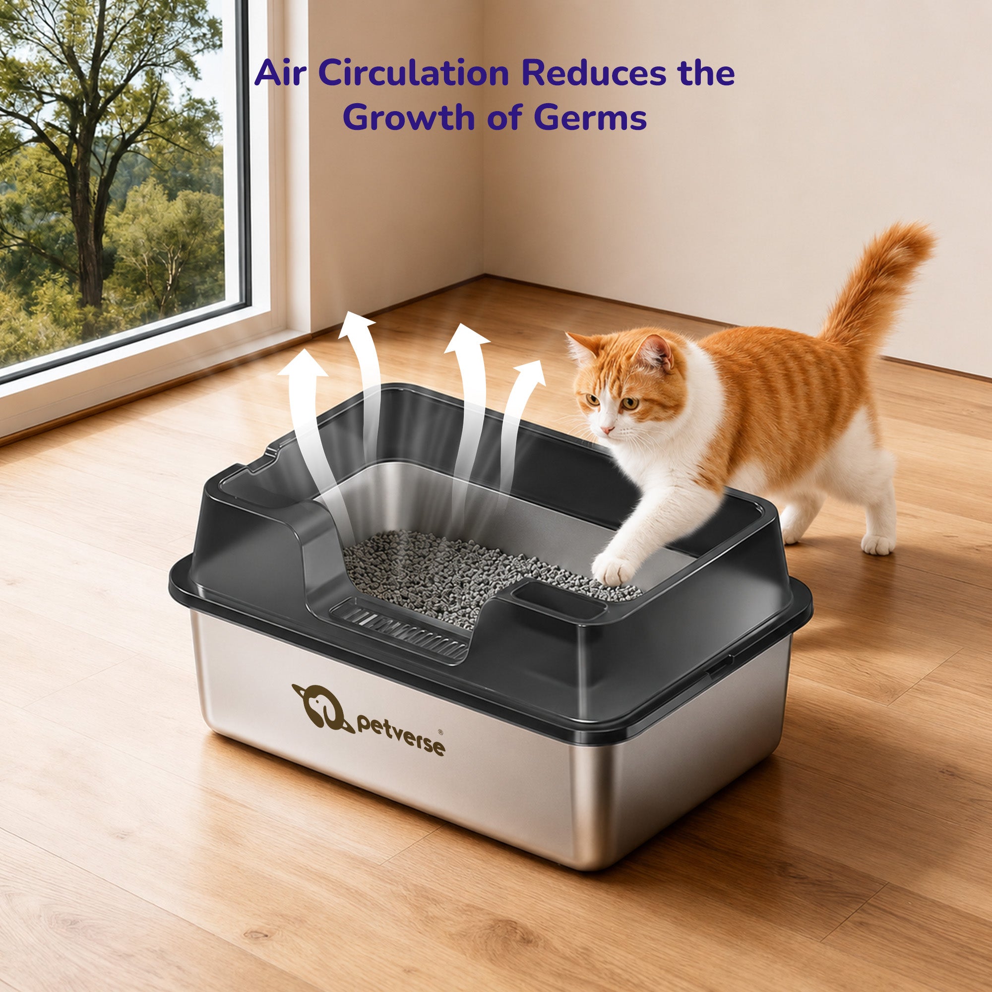Petverse Stainless Steel High Sides with Centre Opening Litter Box for Cats (Grey) Litter Supplies Petverse Dropship