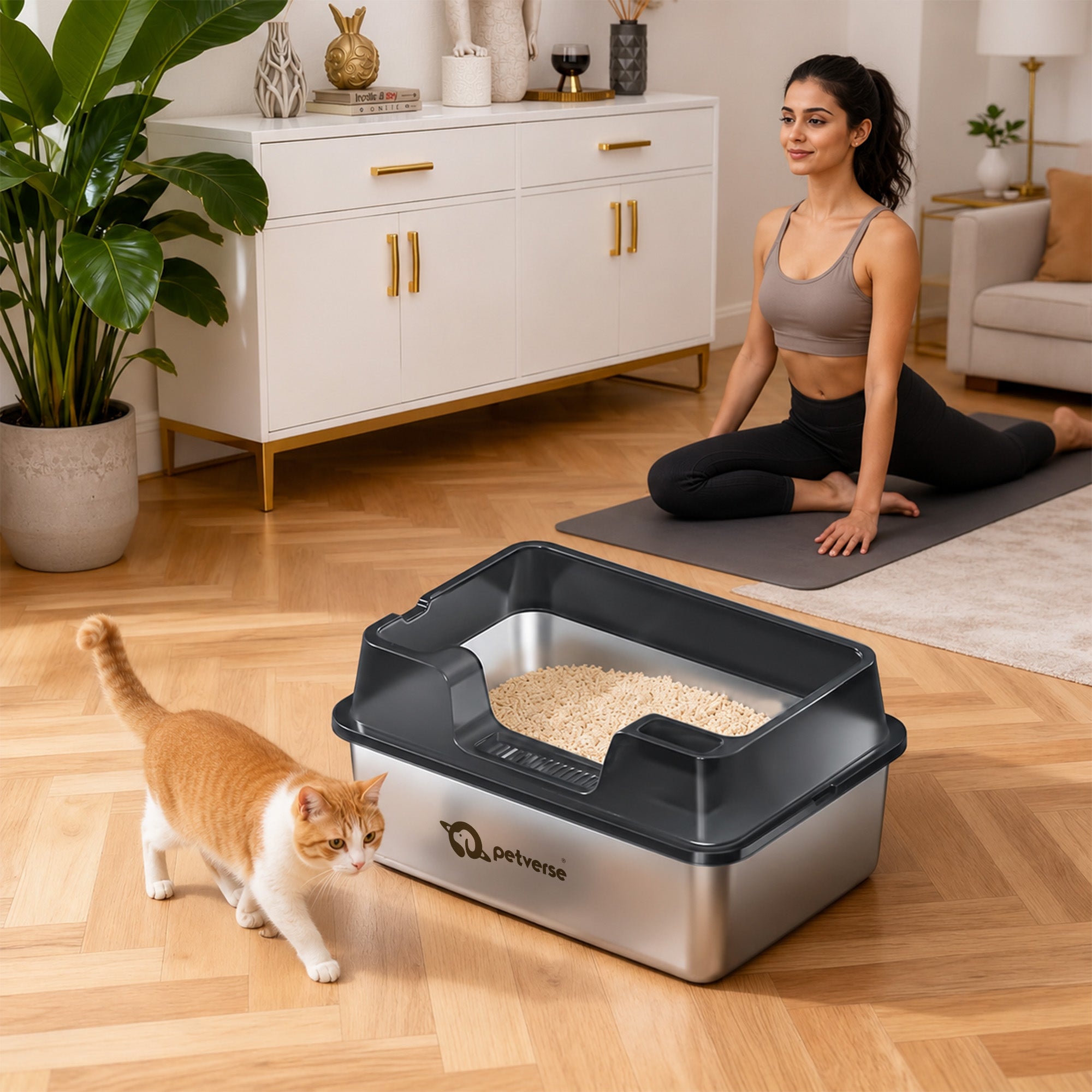 Petverse Stainless Steel High Sides with Centre Opening Litter Box for Cats (Grey) Litter Supplies Petverse Dropship