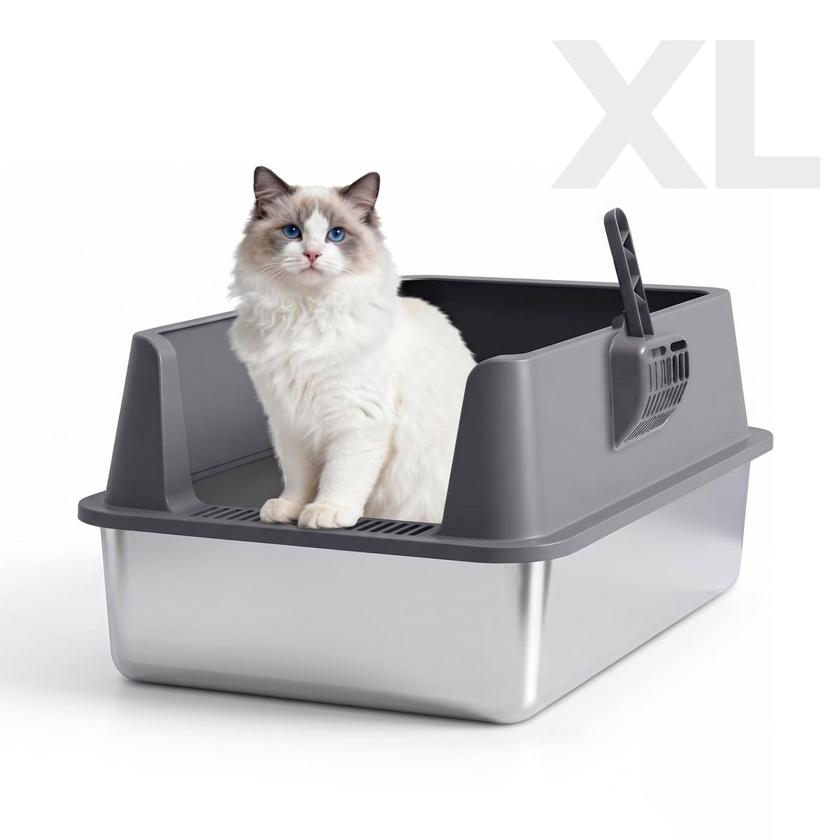Petverse Stainless Steel Side Opening Litter Box for Cats (Grey) Litter Supplies Petverse Dropship XL:60x40x45cm