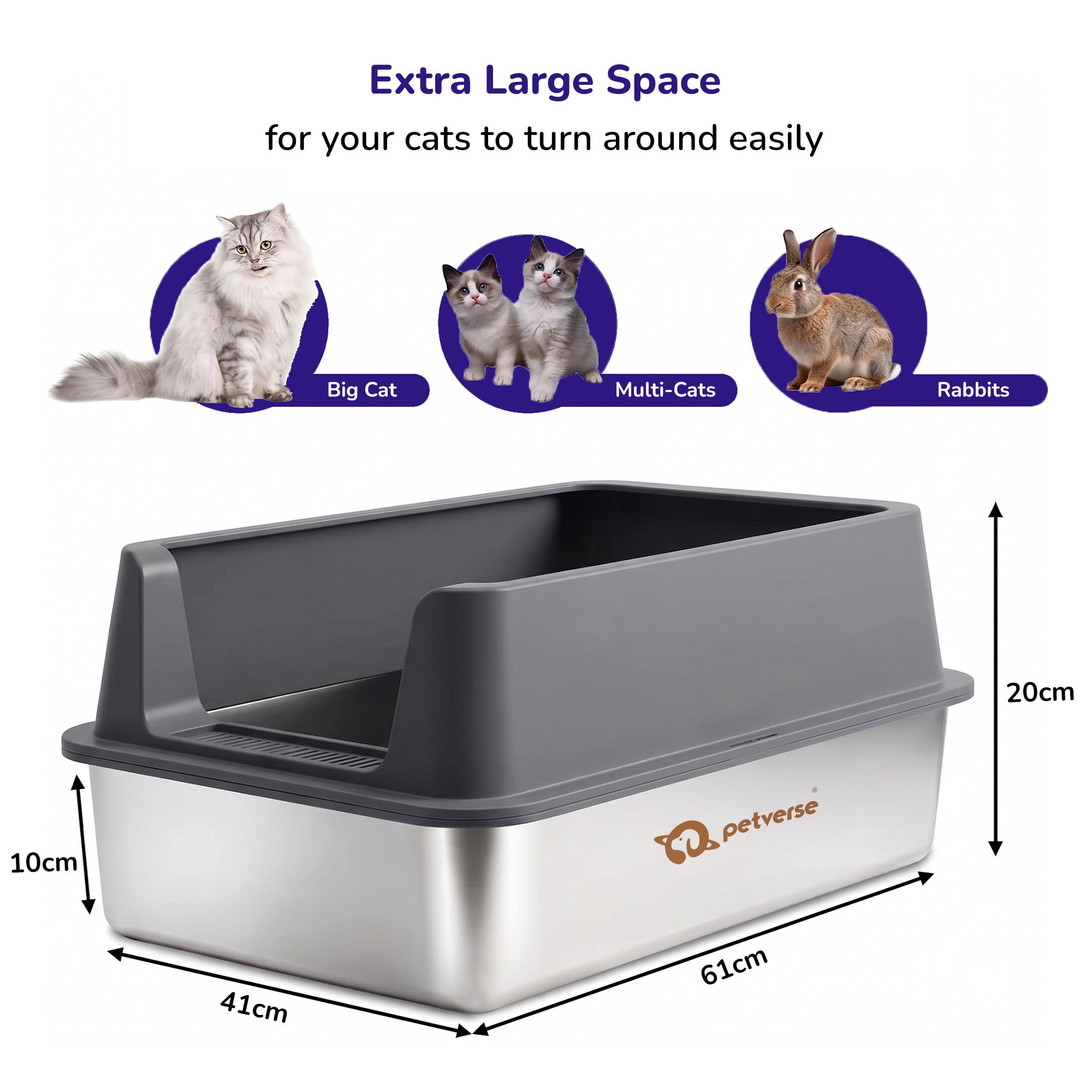 Petverse Stainless Steel Side Opening Litter Box for Cats (Grey) Litter Supplies Petverse Dropship