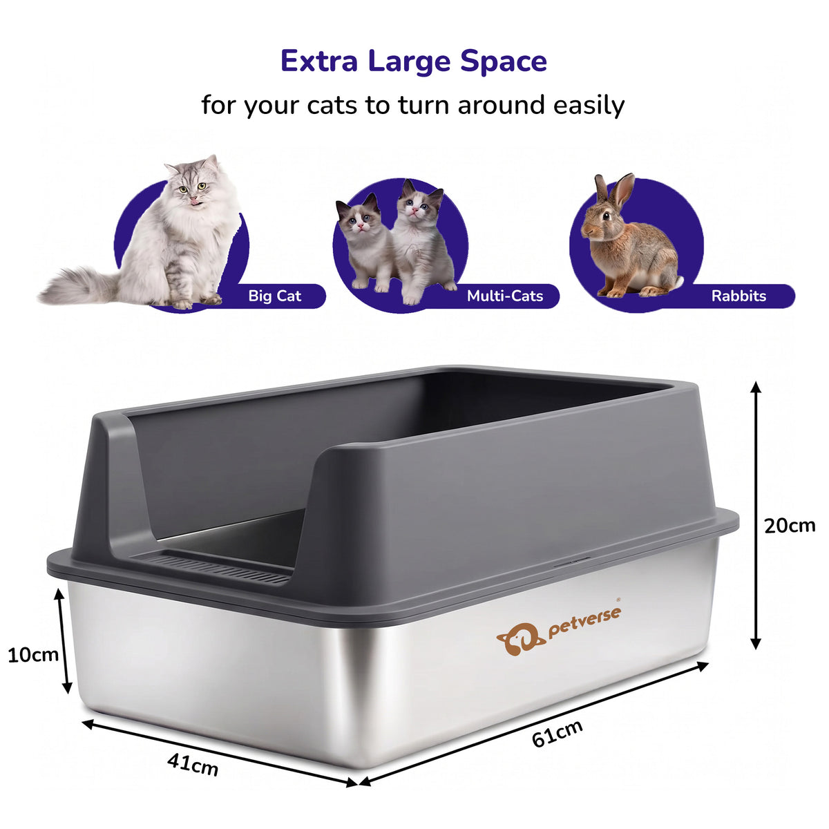 Petverse Stainless Steel Side Opening Litter Box for Cats (Grey) Litter Supplies Petverse Dropship