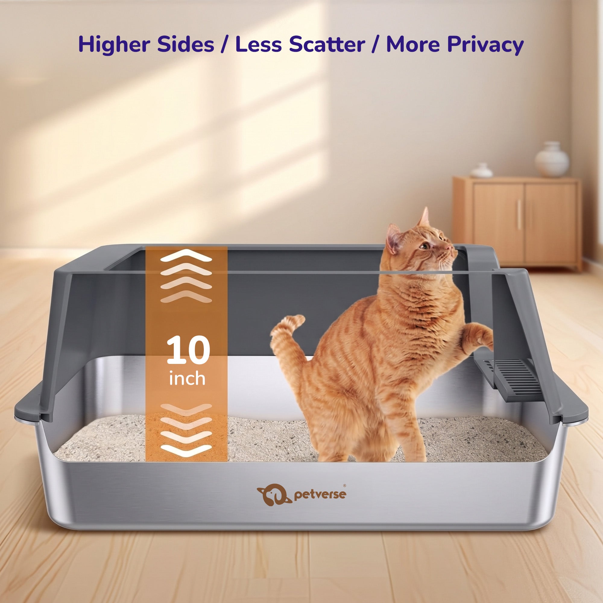 Petverse Stainless Steel Side Opening Litter Box for Cats (Grey) Litter Supplies Petverse Dropship