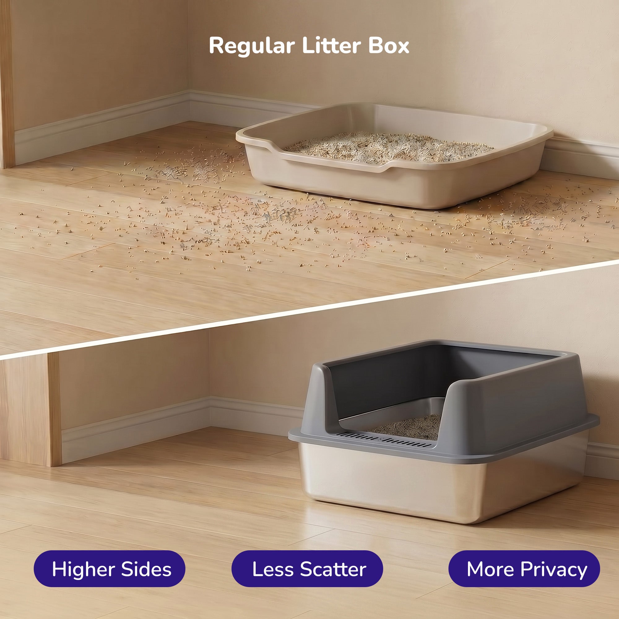 Petverse Stainless Steel Side Opening Litter Box for Cats (Grey) Litter Supplies Petverse Dropship