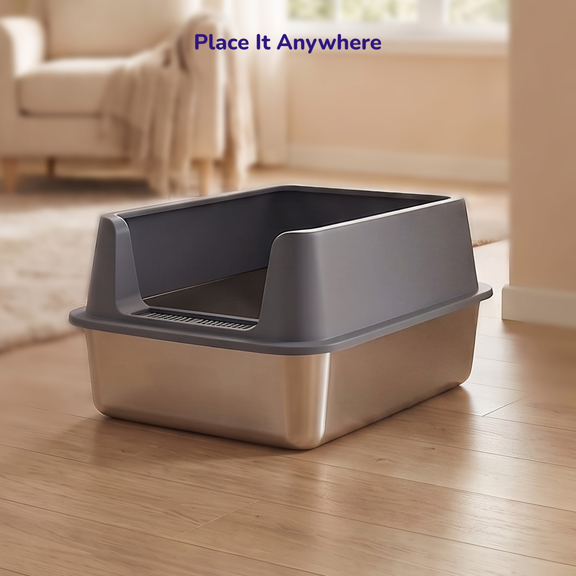 Petverse Stainless Steel Side Opening Litter Box for Cats (Grey) Litter Supplies Petverse Dropship