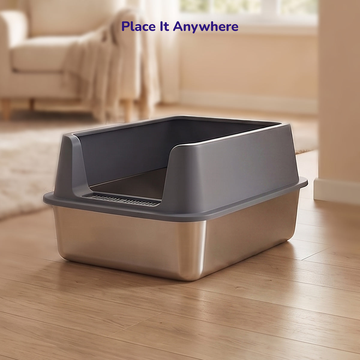Petverse Stainless Steel Side Opening Litter Box for Cats (Grey) Litter Supplies Petverse Dropship
